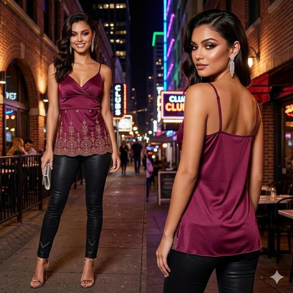 Y2K Body Central Maroon & Gold Beaded Cami Top - Size S  Boho Chic  club